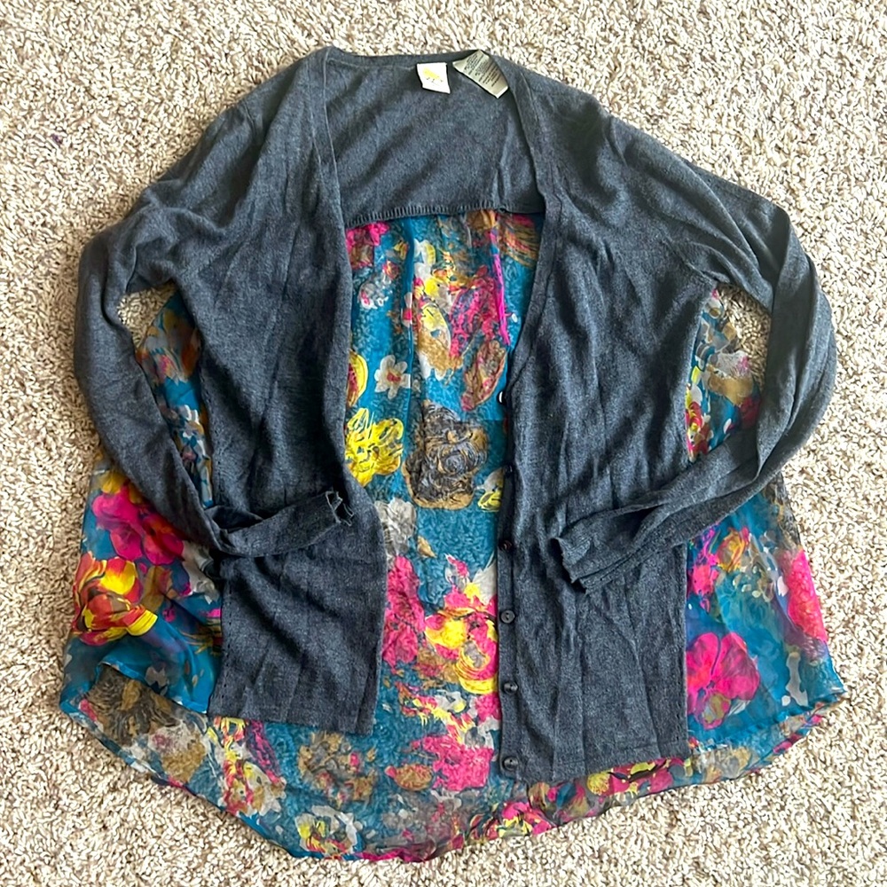 ANTHROPOLOGIE YELLOW BIRD Silk Spliced Cardigan Gray Blue Pink Floral Sheer Back